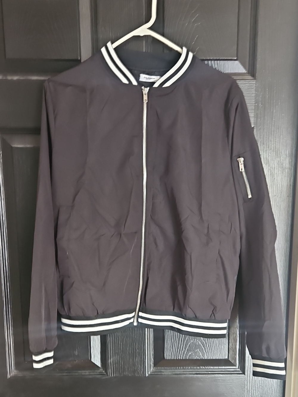 Womens's Black Bomber Jacket with Stripe Trim